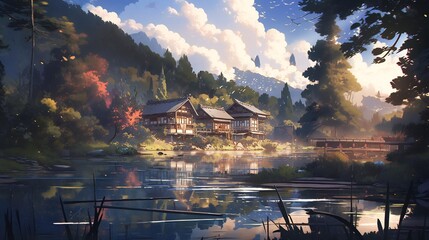 A traditional East Asian architectural structure stands serene amidst lush forest and towering mountains, its intricate details reflected in the tranquil water body below.