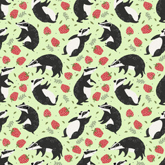 Cute cartoon badger vector illustration, seamless repeating background pattern with strawberries and green leaves