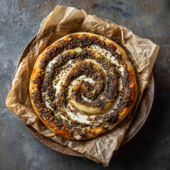 Lebanese manakish with za'atar and labneh, placed on paper wrap