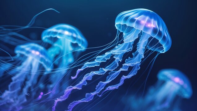 Jellyfish swimming gracefully in the crystal clear, blue waters of the ocean. Suitable for aquatic, marine, and naturethemed designs.