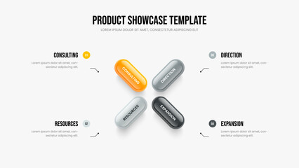Consulting Forecast Presentation Template Vector Illustration. Modern Introduction 4 Option Infographic Slideshow Layout. Investor Performance Four Element Diagram Slide Design.