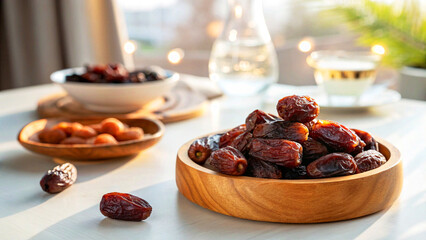 Dates in plate on table in Arabian natural sunny day Background