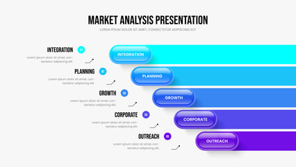 Service Showcase Slideshow Design Vector Illustration. Professional Campaign 5 Step Infographic Presentation Layout. Visual Strategy Five Option Diagram Frame Template.