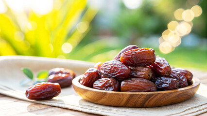 Dates in plate on table in Arabian natural sunny day Background, Dates in wooden plate on table in natural view