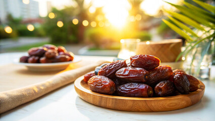 Dates in wooden plate, white surface. Arabian natural warm sunlight Background