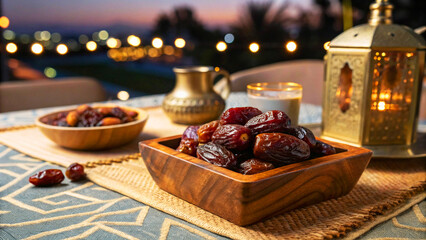 Dates in wooden plate on table in Arabian natural Background, Dates in plate on table
