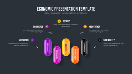 Market Strategy 5 Option Infographic Presentation Layout. Investor Development Five Element Diagram Slide Template. Enterprise Performance Frame Design Vector Illustration.