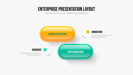 Creative Strategy Two Option Diagram Slide Template. Advertising Campaign Slideshow Layout Vector Illustration. Business Solution 2 Element Infographic Presentation Design.