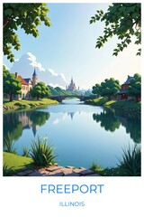 Freeport Illinois United states Travel Poster Illustration Print Decor Gift Canvas Wall Art Gift