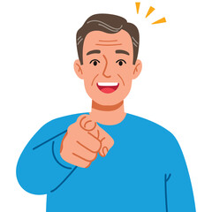 Cheerful Older Man Pointing at Viewer with a Smile in Bright Blue Sweater