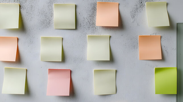 Organizing ideas white wall sticky notes moody environment overhead view creative arrangement
