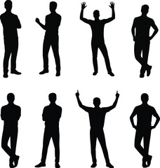 Silhouette collection of eight different poses and gestures of a man on a white background