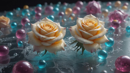 Elegant roses and colorful spheres with water droplets on a reflective surface