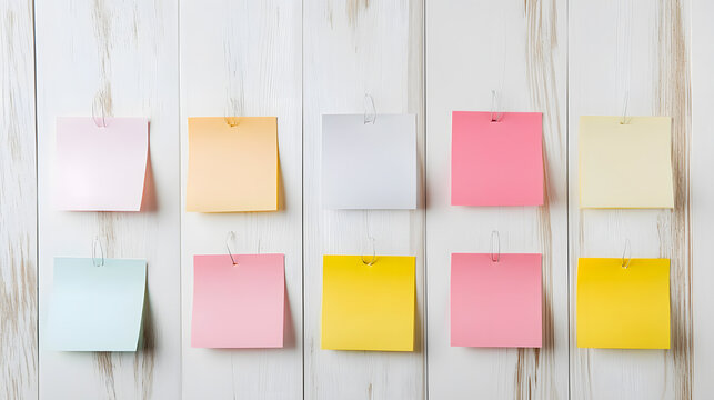Arranging sticky notes white wall grid layout morning light creative workspace