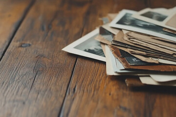 Dusty old photographs scattered on wooden floor evoke nostalgia and the passage of time