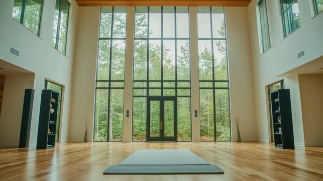 Spacious interior with extensive glass walls and forest views.