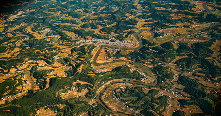 View From Airplane Window On Surroundings Of Chengdu, China. Min River In Central Sichuan Province. Tributary Of Upper Yangtze River, Which Flows Through Chengdu And Joins At Yibin. Mountainous Wooded