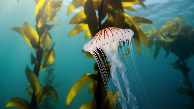 Stunning Red and White Jellyfish in Kelp Forest