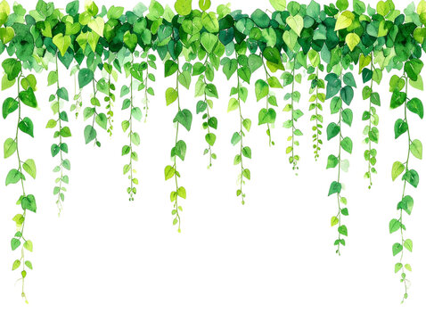  Watercolor painting on a white background, featuring clip art-style green vines hangi