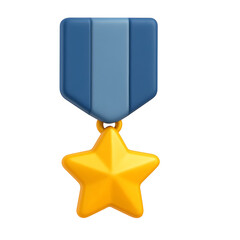 Gold star on striped strap. Military medal. 3d rendering isolated. Cartoon plastic style icon. PNG