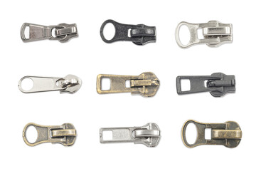 Metal zipper puller collection. Various types of zip sliders isolated on white background....