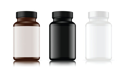 3d amber, black, white bottles mockup isolated on white background. Can be used for advertising poster branding template of medical, cosmetic, food. Vector illustration.