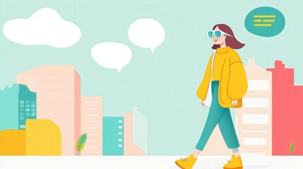 Fototapeta premium Trendy Woman Walking in Smart City with Chat Bubbles Representing Disruptive Innovation