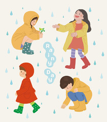 Childrens wearing raincoats on a rainy day clip art set vector illustration