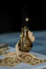 antique porcelain vase on black background