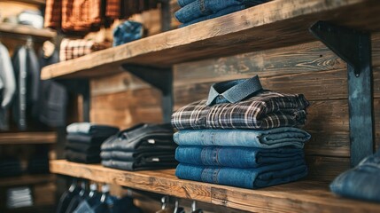 Clothing display on wooden shelves