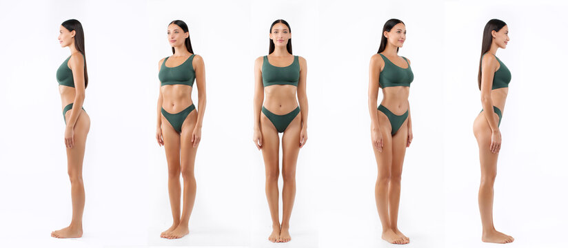 Young fit woman in underwear posing in various positions and sides isolated on white background, collage, panorama