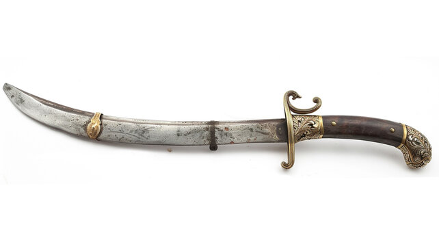 Indian Tulwar sword with a curved blade and ornate brass hilt. Traditional edged weapon.