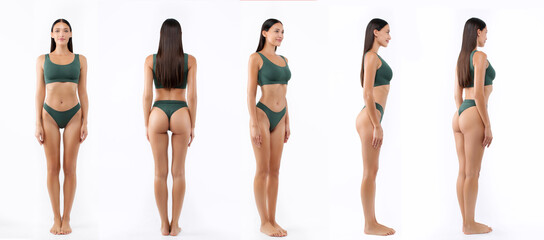 Young fit woman demonstrating her athletic body in different angles, posing in green underwear over...