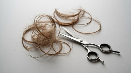 Blonde ponytail and scissors on white background, hair tied with bands