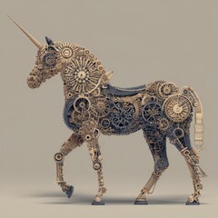 Mechanical unicorn figure in motion against a neutral backdrop.