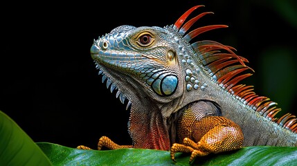 Obraz premium A vibrant, large lizard with blue, orange, and red scales rests on a green leaf against a dark background. Its head is held high, showcasing intricate details