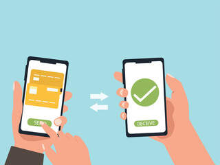 Smartphones in the hand with money and credit card on a screen online money transfer concept Vector illustration.
