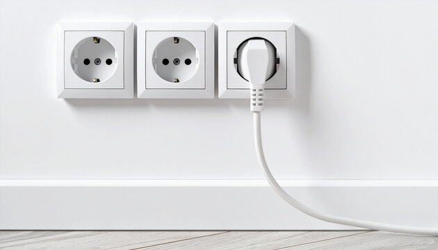 Una pared blanca con una clavija de enchufe enchufado a la red el&eacute;ctrica