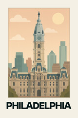 Obraz premium Philadelphia Travel Poster – Flat Design Illustration of City Hall and Urban Skyline, Historic Architecture in Minimalist Pastel Style with Sunrise Atmosphere