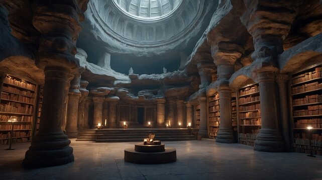Library interior with pillars bookshelves and a dome ceiling with light. - Powered by Adobe