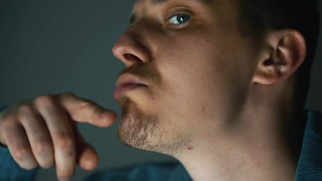 1111gesture blah blah blah.
a gesture of lies and gossip.
The man tells a lot of lies.
Portrait of a liar.
Lots of talk.
Man touching lips with hands
