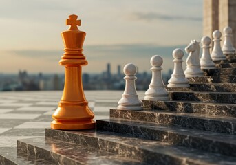 Chess pieces on a checkered surface with a cityscape in the background view