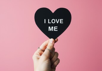 Hand holding black heart with i love me text on pink background studio shot