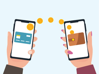 Hand holding smartphone with transaction of cashback, Internet mobile banking transaction, wallet and credit card vector illustration.