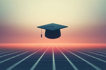 Graduation cap floating above a grid horizon with a retro sunset background