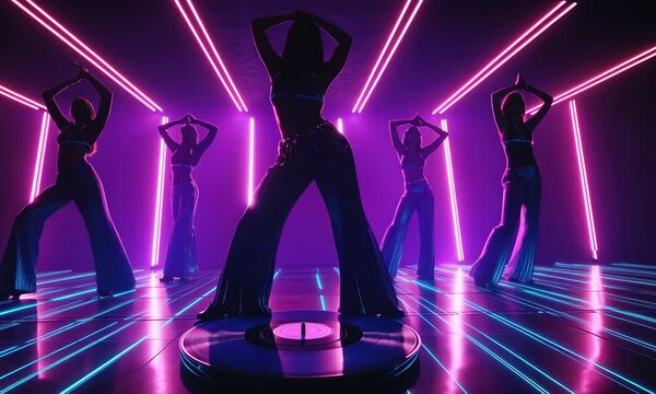 Silhouettes of female dancers in bell bottoms perform on platforms with neon lights, creating a retro disco vibe. The scene features vibrant purple and blue hues, evoking a sense of energy.