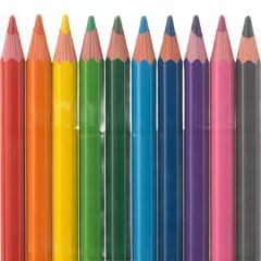 Row of ten sharpened colored pencils in rainbow order, isolated on transparent background.