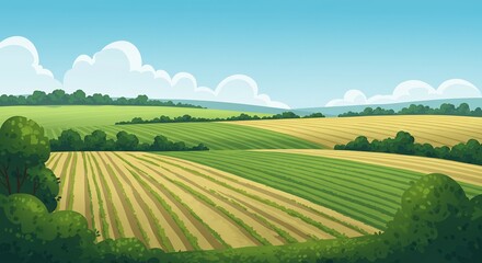 Cartoon Farm Fields Landscape Under Bright Sky