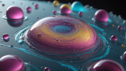 Colorful abstract liquid surface with swirling patterns and spheres