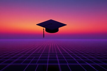 Graduation cap floating above a purple grid landscape at sunset